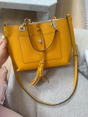 henri bendel Mustard Yellow Leather Braided Tassel Tote
